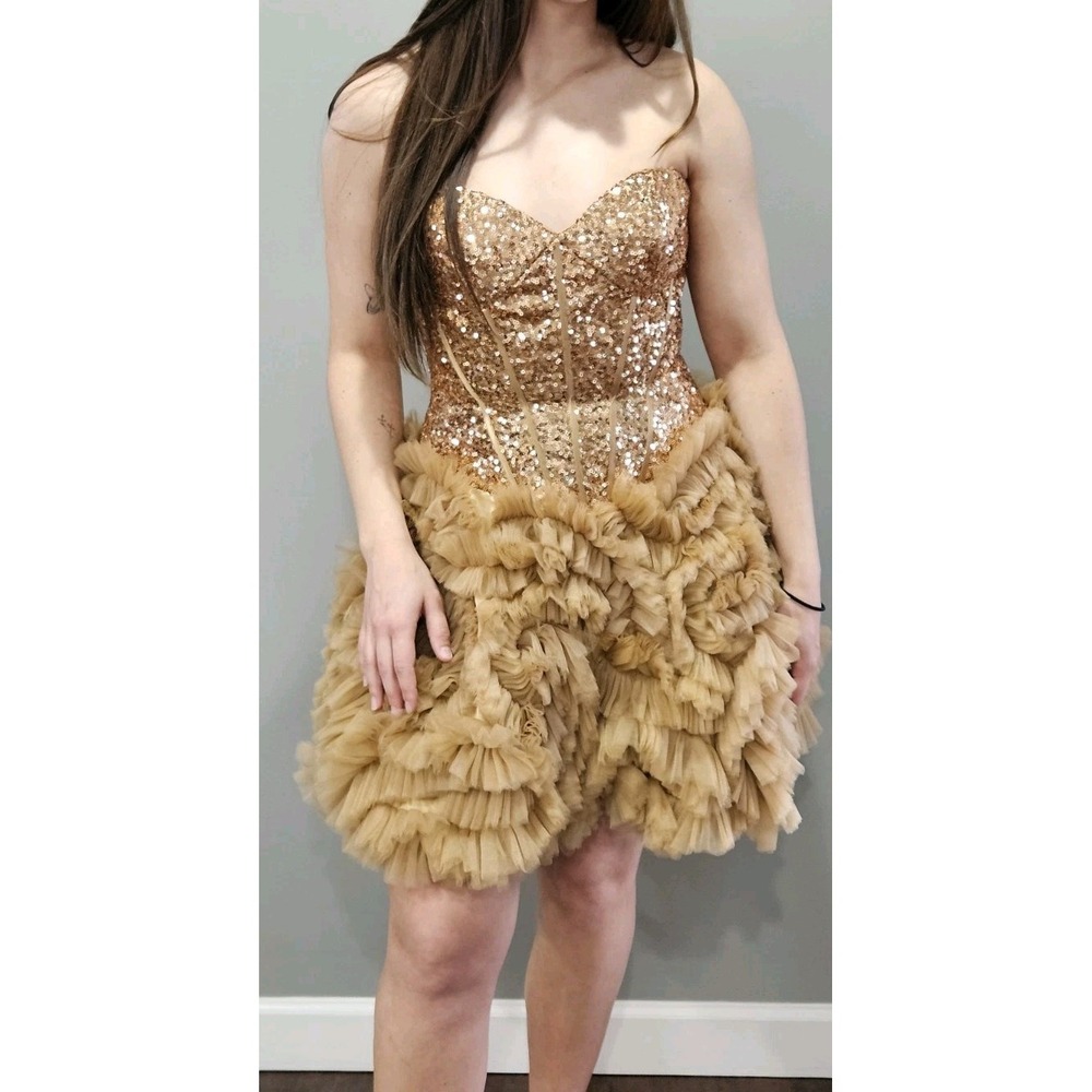 Vintage Y2K NINA CANACCI Strapless Formal Sequined Prom Dress Ruffled Skirt S8